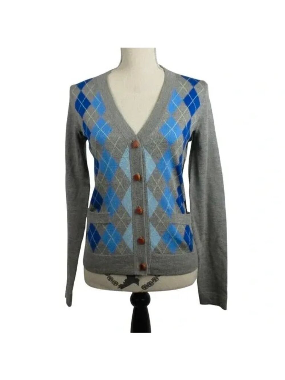 J. Crew Argyle Vintage Cardigan Sweater Gray Wool Size S Preppy Academia 90's